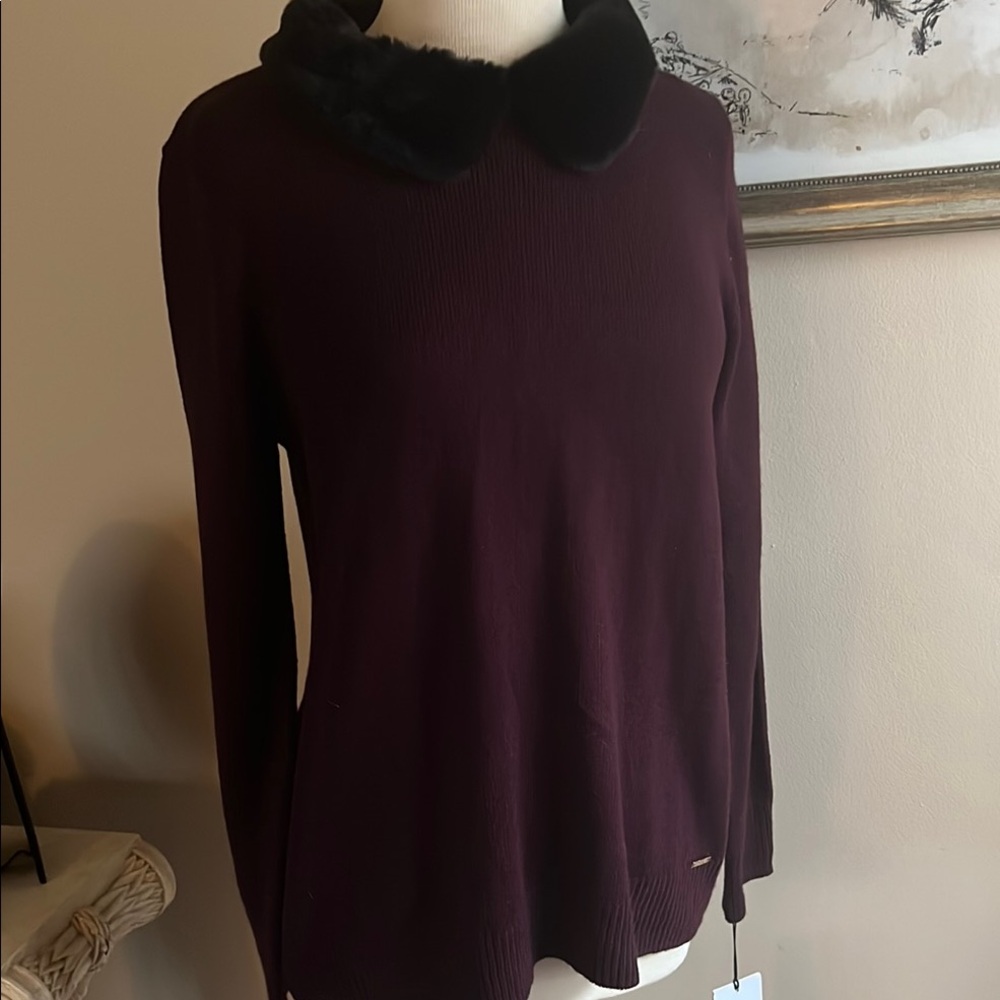 Women's Plum Wine Color Sweater with Faux Fur Collar new with tags